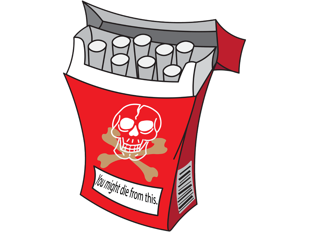 A cartoonish pack of cigarettes with a skull and crossbones.