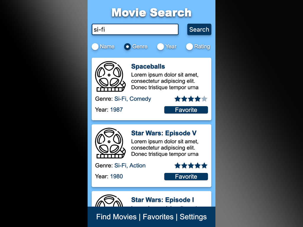 Mockup of a movie search web-app.